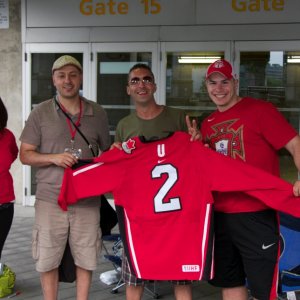 shirt for bono - early bird fans outside rogers centre - 9july11